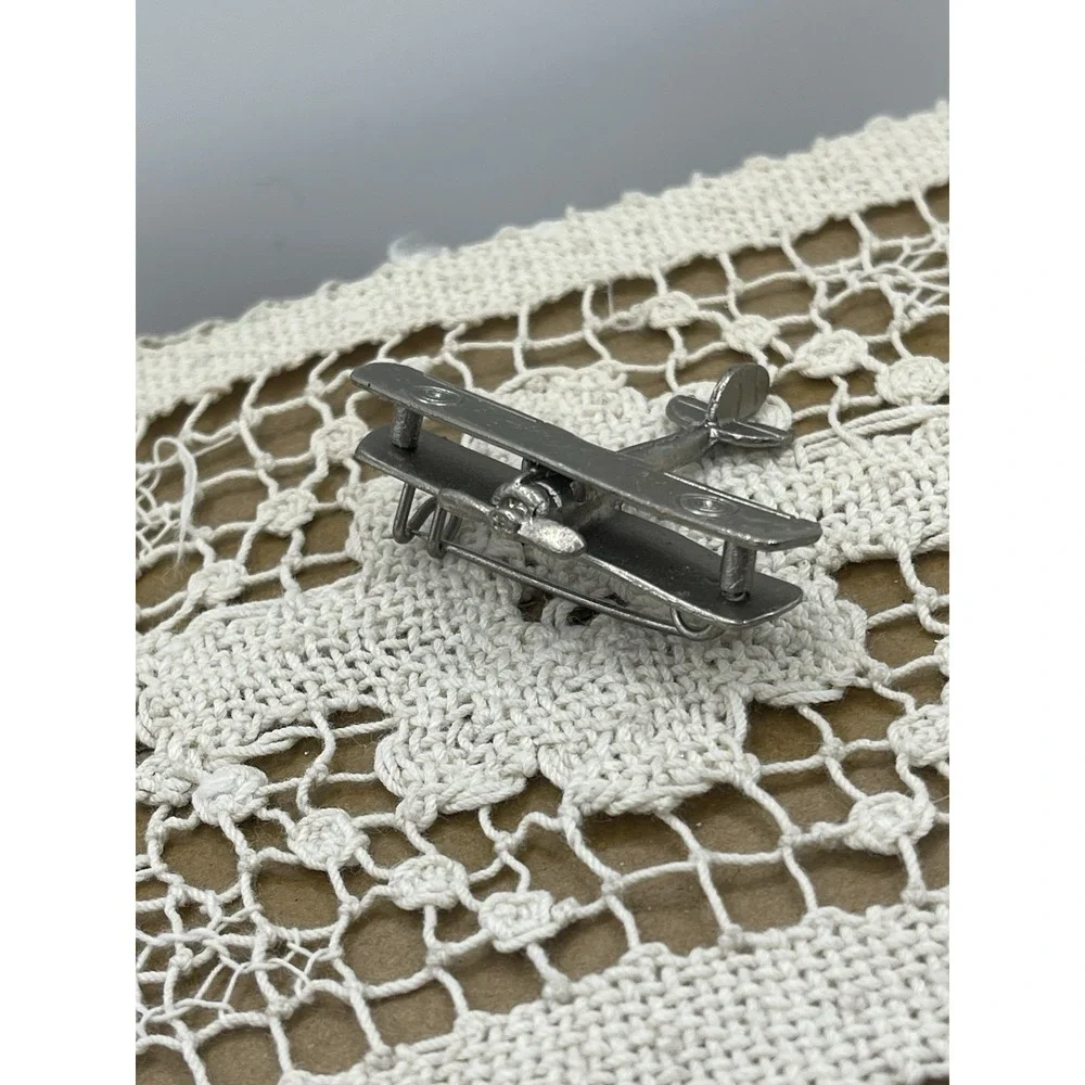 Vintage Silver Tone 3D Biplane Art Deco Aviation Airplane Costume Jewelry Brooch